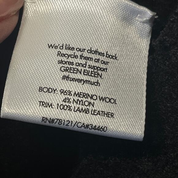 Eileen Fisher Coat Wool Lamb Leather Trim Black Button Front Office Pockets Xl - Picture 9 of 9